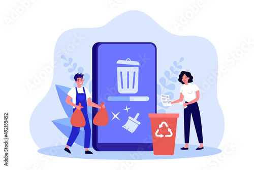 People cleaning mobile phone from trash files. Man and woman deleting documents with cleansing software flat vector illustration. Cache, spam concept for banner, website design or landing web page