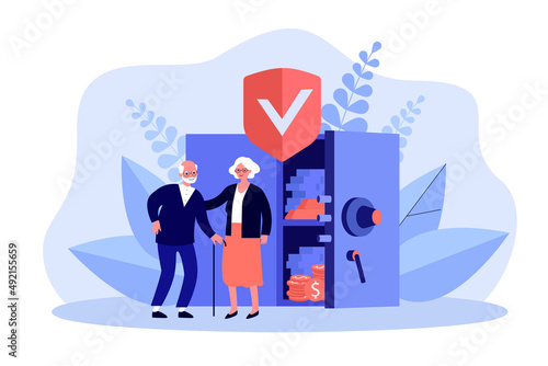 Protection of elder peoples money savings in bank safe. Financial care for tiny old man and woman flat vector illustration. Pension, insurance concept for banner, website design or land eb page