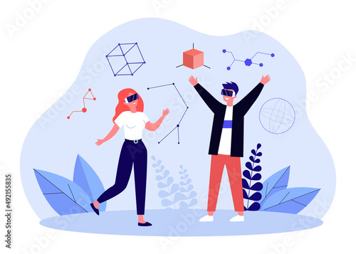 Users in VR glasses working with 3d figures. Education and work in virtual reality of man and woman flat vector illustration. Future, innovation concept for banner, website design or landing web page