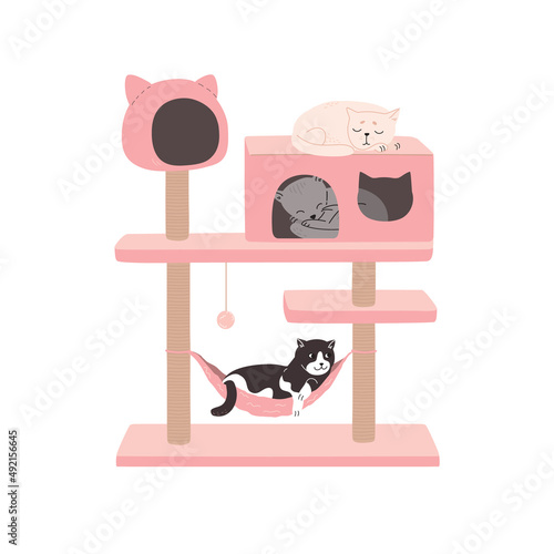 The cats are resting in the cat tower. Cat tree with a scratching post and a house where kittens sleep. Luxurious pink animal house. Flat vector illustration of pet furniture isolated on white.