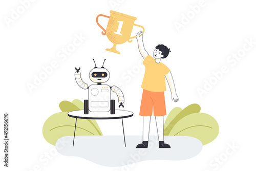 Happy young winner of school robotics competition. Kid holding award, robot or electronic toy on table flat vector illustration. Modern robots, education, programming concept for banner, landing page