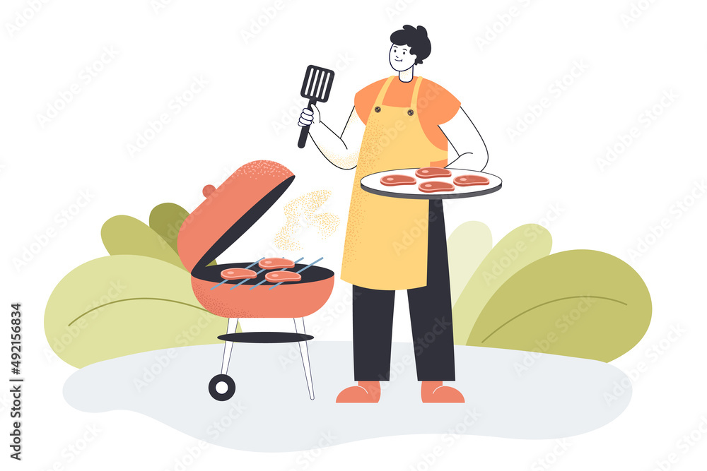 Smiling cartoon man cooking meat on grill. Male person grilling stakes or shashliks flat vector illustration, BBQ. Outdoor activities, food concept for banner, website design or landing web page