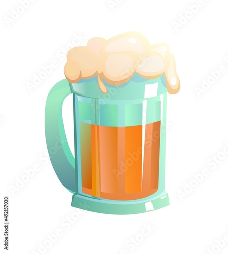 Glass mug of light beer with lush foam and beverage drips. Cartoon style. Object isolated on white background. Vector