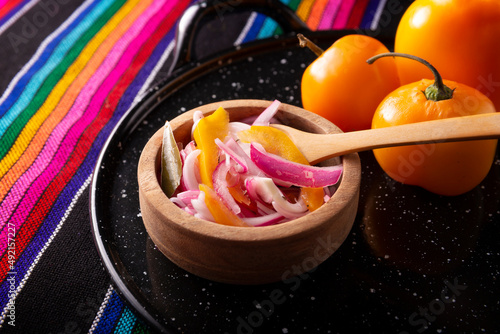 Cebolla Morada Picada. Chopped purple onion with manzano chili and spices, a very popular preparation in Mexico to accompany tacos and a wide variety of dishes photo