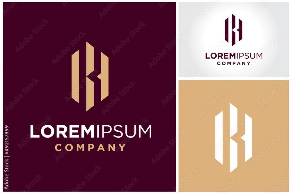 Golden Initial Letter K or B with Hexagon Building Estate Bar Shape logo design Golden Initial Letter K or B with Hexagon Building Estate Bar Shape logo design