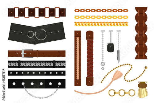 Belts with braiding, pendant and chain set. Vector illustrations of leather, gold and silver design elements. Cartoon belts with ring, buckle or fringe isolated on white. Jewelry, baroque concept