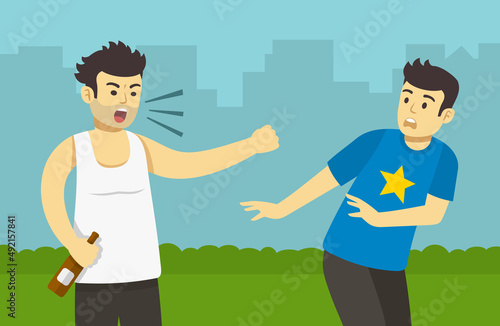 Angry drunk male character holding bottle in his hand and yelling to scared man. Man is about to fight with young guy. Close-up view. Flat vector illustration template.