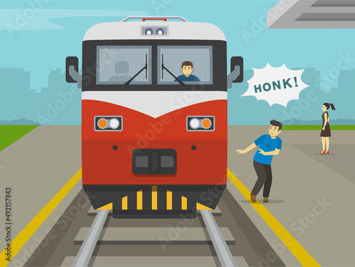 Train is about to hit young inattentive man on platform. Train driver honks to silly male character at railroad station. Railroad safety rules and tips. Flat vector illustration template. 