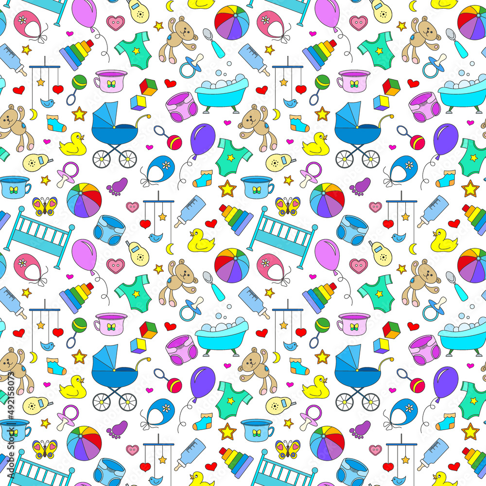 Seamless pattern on the theme of childhood and newborn babies, baby accessories, accessories and toys, simple color icons on white background Seamless pattern on the theme of childhood and newborn babies, baby accessories, accessories and toys, simple color icons on white background