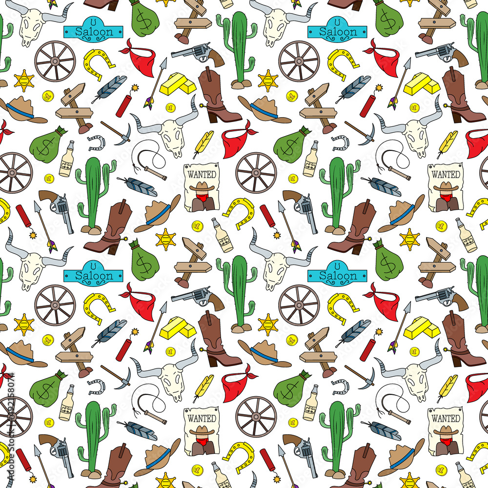 Seamless pattern on the theme of the wild West, colored cartoon icons on white background Seamless pattern on the theme of the wild West, colored cartoon icons on white background