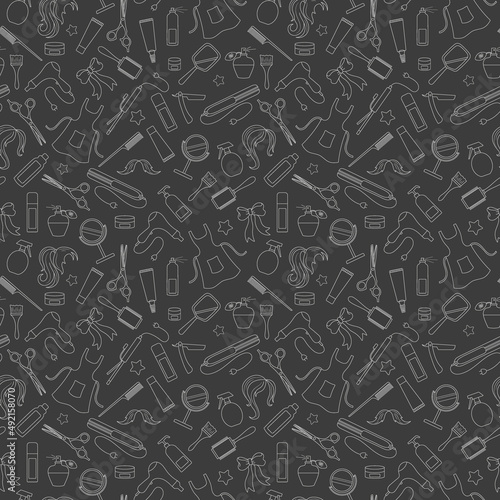 Seamless pattern on the theme of the Barber shop, the tools and accessories of the hairdresser, a simple contour icons, light contour on a dark background