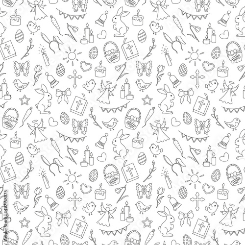 Seamless pattern with simple contour icons on a theme the holiday of Easter   dark contours on white background