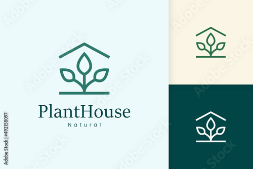 Nature green house logo with tree and leaf shape