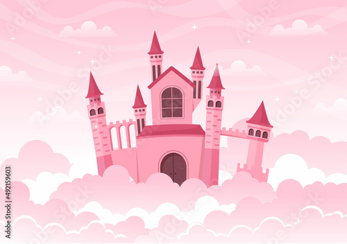 Castle with Majestic Palace Architecture and Fairytale Like Scenery in Cartoon Flat Style Illustration
