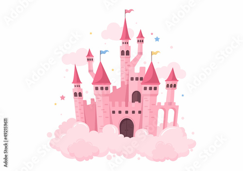Castle with Majestic Palace Architecture and Fairytale Like Scenery in Cartoon Flat Style Illustration
