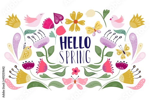 Hello Spring banner, poster, background with seasonal design, floral elements, flowers and birds, decorative doodle style
