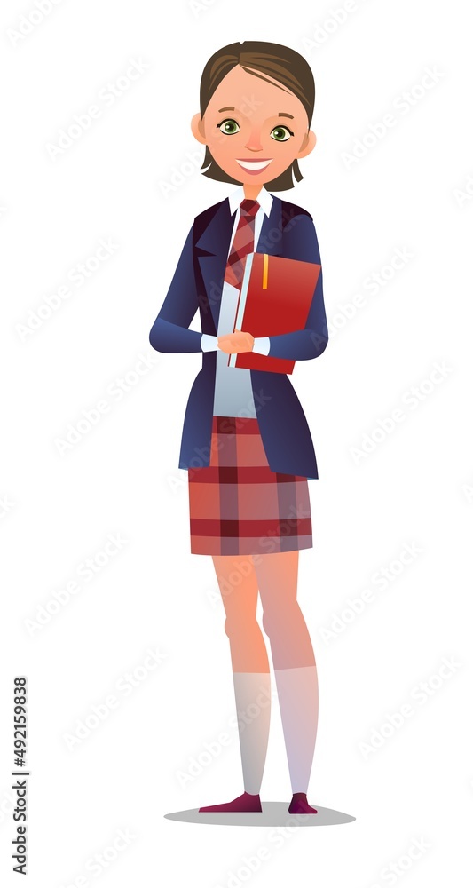 Pretty little girl student. Cheerful schoolgirl in plaid skirt. Standing pose. Cartoon flat design in comic style. Single character. Illustration isolated on white background. Vector