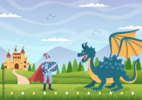 Prince, Queen and Knight with Dragon in Front of the Castle with Majestic Palace Architecture and Fairytale Like Forest Scenery in Cartoon Flat Style Illustration