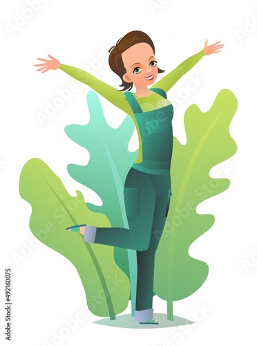 Little girl villager farmer in overalls. Teen is an agricultural worker. Cheerful person Standing pose. Cartoon comic style design. Single character. Illustration isolated on white background. Vector