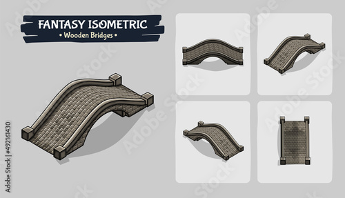 Wooden and stone Bridges Fantasy game assets - Isometric Vector Illustration