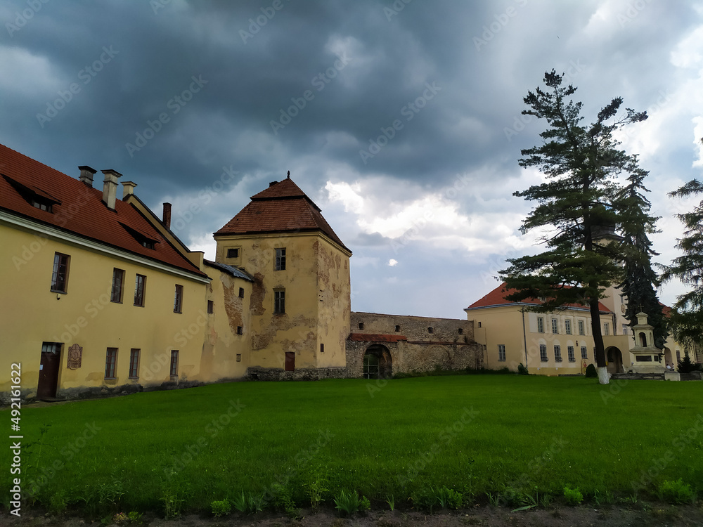 Zhovkva Castle is an architectural monument of the Renaissance in the city of Zhovkva in Lviv region of Ukraine. view of the renaissance castle on cloudy summer day