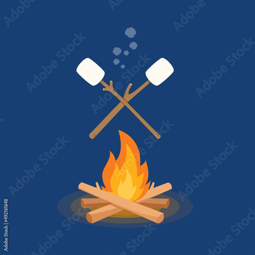 Burned Marshmallows. Marshmallow stick and Bonfire vector.