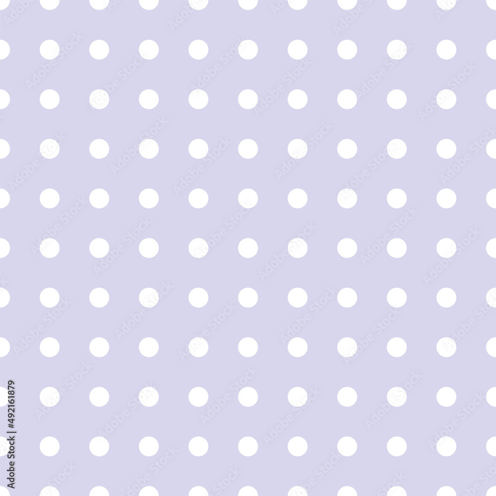 Seamless repeating pattern abstarct white circles shape on light violet lavender color background. Modern geometric vintage art. Fun kids fabric texture round design. Polka dots gift paper print