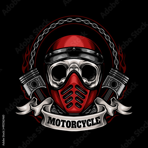 biker skull head with piston vector illustration