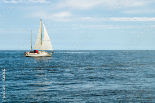 Veleiro com detalhes vermelhos e velas brancas navegando tranquilo em um mar calmo em um belo dia de sol