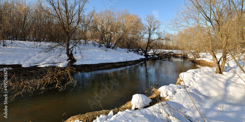 Spring walk through the forest, beautiful panorama.