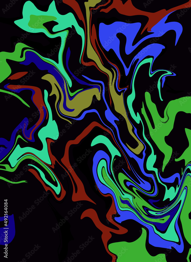 Bright abstract multicolored background with random geometric wavy shapes Swirl, marbling, water painting effect