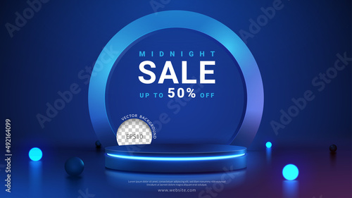 Cylinder podium with blue neon lights on ring background. Concept of design for product display. Layout horizontal, Vector illustration