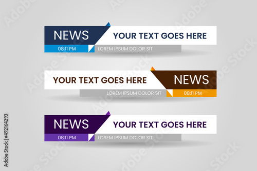 Set of bundle lower third vector design banner with blue, yellow and purple shape strip color. Modern broadcast news lower for TV Bars, Breaking, Sport, Video Channel.