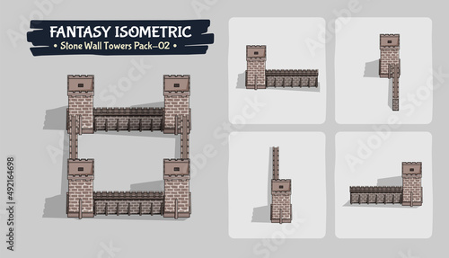 Stone Wall Towers Fantasy game assets - Isometric Vector Illustration