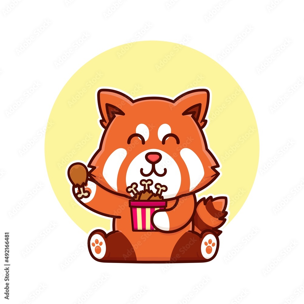 happy red panda eat chicken drumstick adorable cartoon doodle vector illustration flat design style happy red panda eat chicken drumstick adorable cartoon doodle vector illustration flat design style