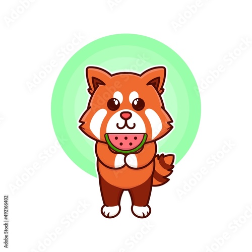 happy red panda eat watermelon fruit adorable cartoon doodle vector illustration flat design style