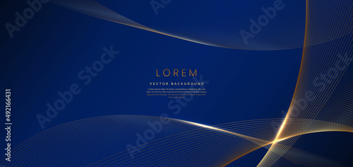 Abstract luxury golden lines curved overlapping on dark blue background. Template premium award design.