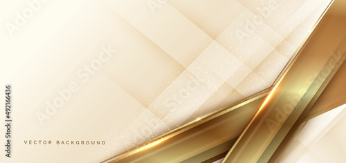 Abstract 3D cream and gold luxury geometric diagonal overlapping shiny background with lines golden glowing with copy space for text.