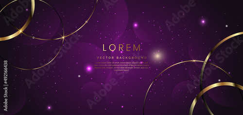 abstract golden circle lines overlapping on purple background with sparkle light effect.