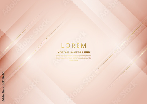 Abstract 3d template rose gold background with gold lines diagonal sparking with copy space for text. Luxury style.