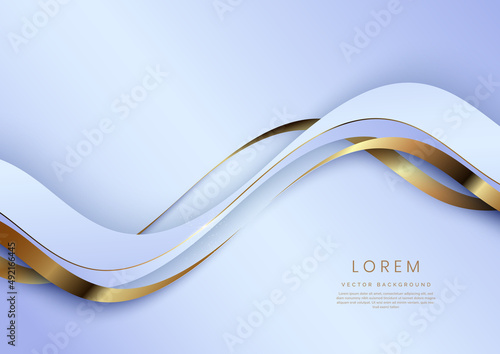 Abstract 3d white and gold curved ribbon on light blue background with lighting effect and sparkle with copy space for text. Luxury design style.