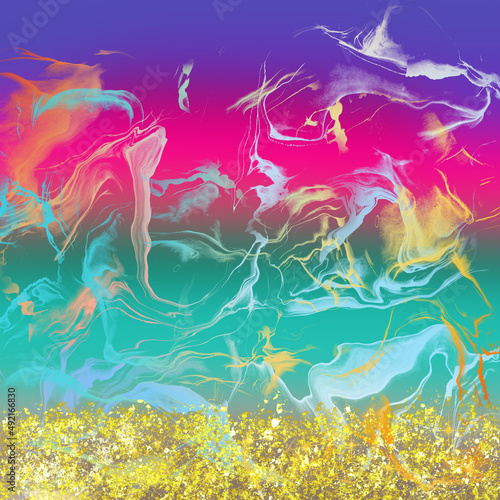 Purple and turquoise colors abstract drawing and gold sand texture Summer background.
