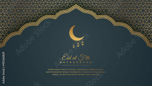 Eid Mubarak Ramadan Kareem Background in Islamic Arabic Style with Arabesque Golden Ornament Pattern and Border Frame