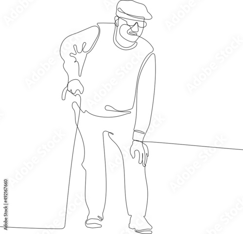 Continuous one line drawing of full length portrait of a senior man with a knee pain walking with a cane. Minimal outline concept. Vector illustration