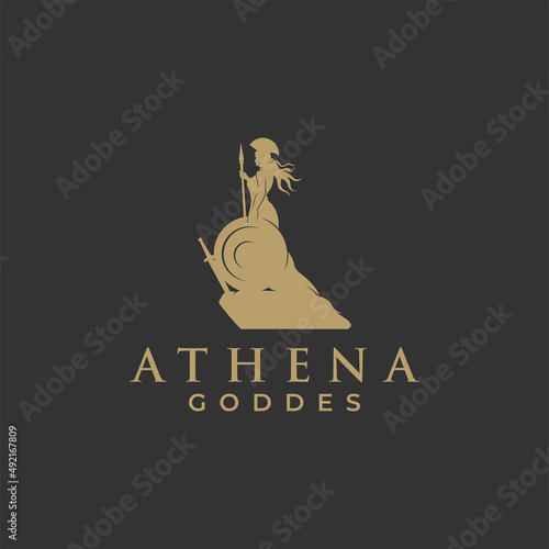 Fotografie, Obraz Athena minerva greek roman goddess with shield and spear logo design