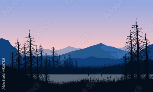 Aesthetic view of the silhouette of mountains and dry trees by the lake at dusk
