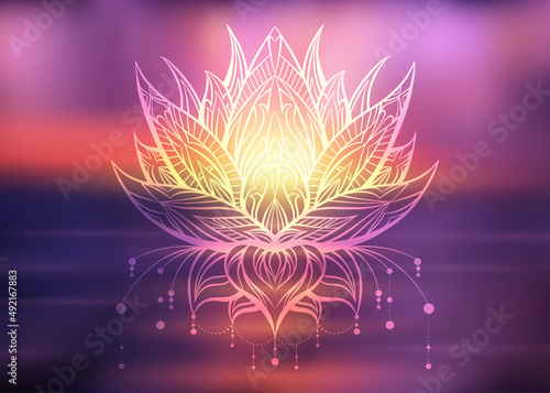Vector boho lotus with ornate decorations on blur ocean sunset background. Water flower with tribal ornament on sunrise. Contour lily in tranquility. Natural sacred symbol.