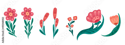 Vector set of clipart of flowers on stems with folk ornaments isolated from background. Collection of floral arrangement with naive ornaments. Various tulip with national decoration for card photo