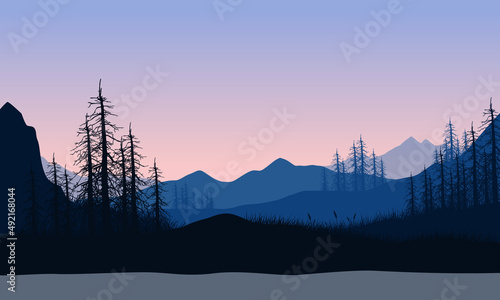 Realistic mountain view with a silhouette of pine trees and river from the cliff edge at sunset © City