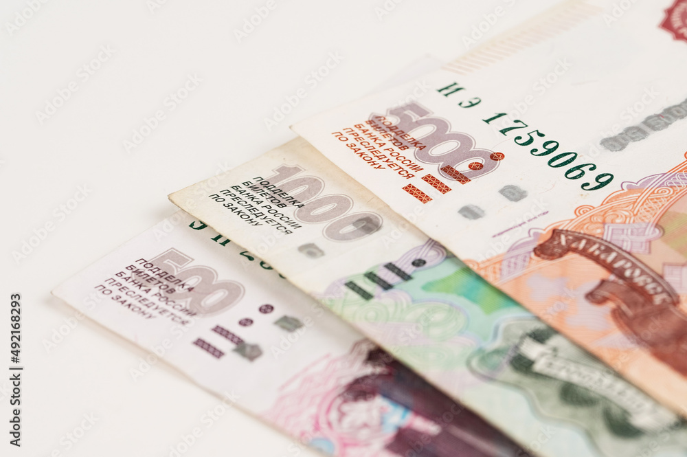 Close-up of banknotes. Five thousand, one thousand, five hundred rubles. Close-up of banknotes. Five thousand, one thousand, five hundred rubles.